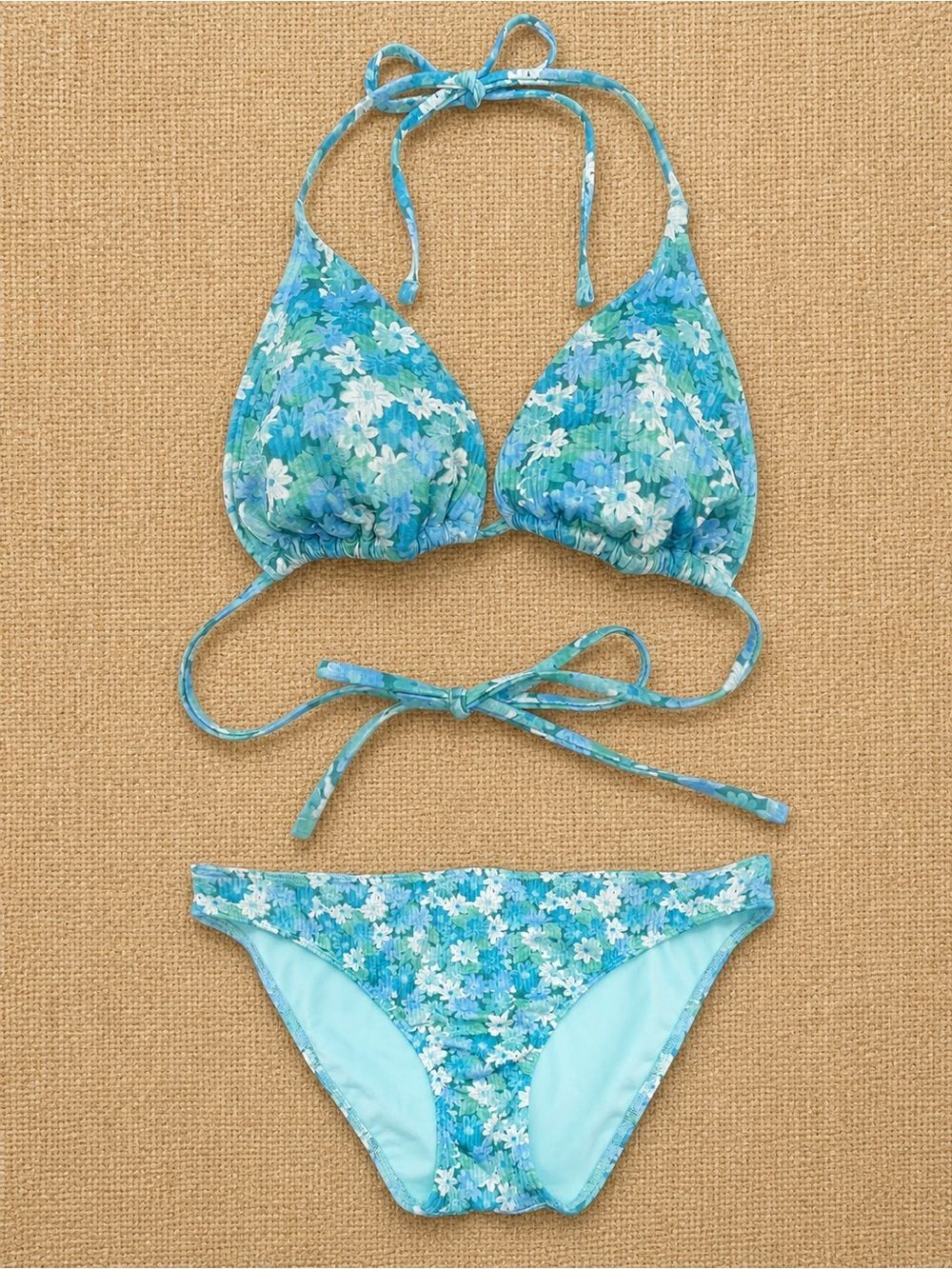 Hollister Bikini Set M Top L Bottom Blue Floral Halter Triangle Swimsuit Retro